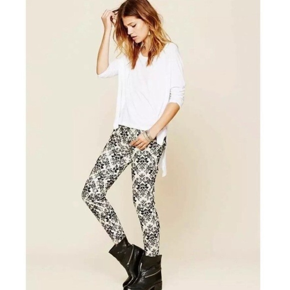 Free People Jeans Women 33" Floral Damask Printed Denim‎ Skinny Punk Goth Rock